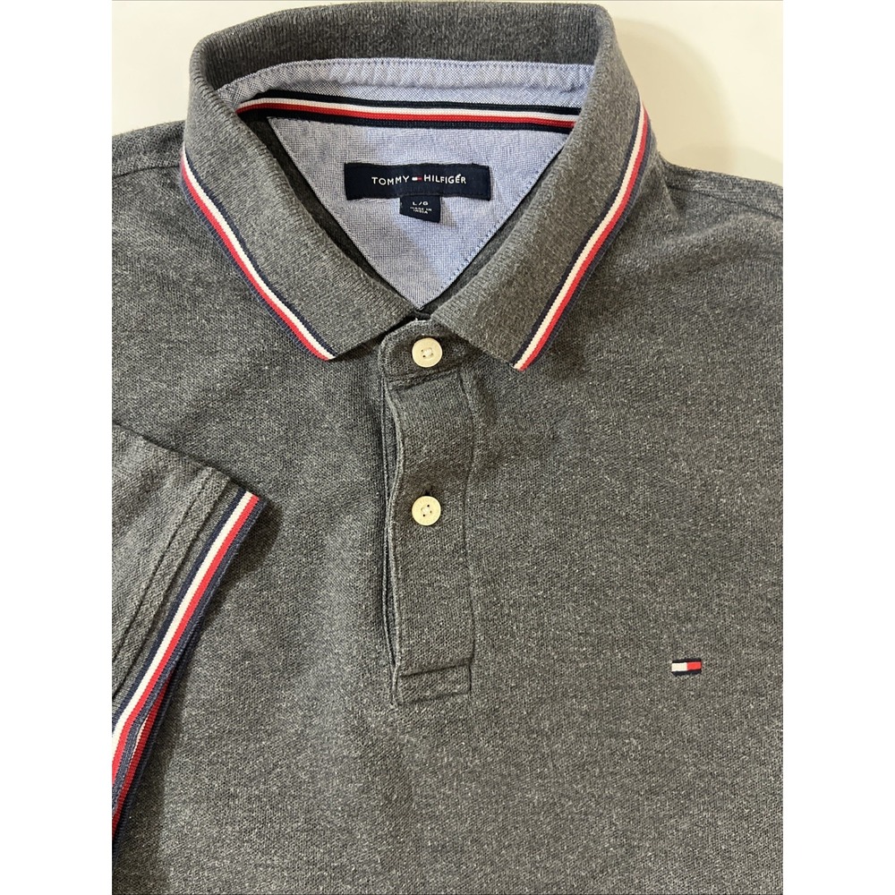 Tommy Hilfiger Tipped Collar Slim Fit Gray‎ Polo Men's Size L , Large
